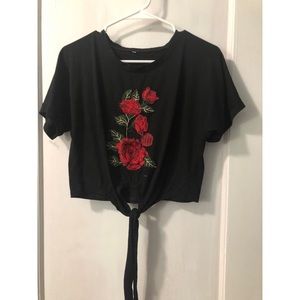 Rose Embroidered Black Crop Top